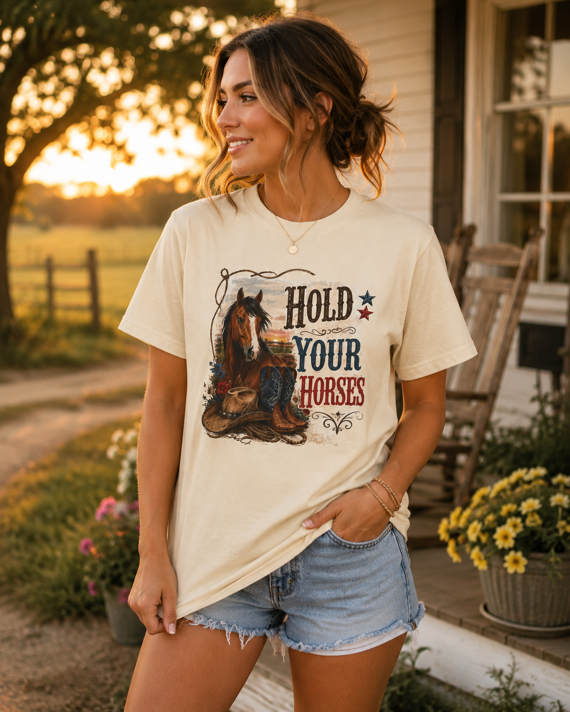 Hold Your Horses T-Shirt — Western Horse & Saddle Graphic Tee