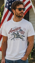 America Cavalry Rider with Flag T-shirt | Patriotic Vintage Horse Illustration