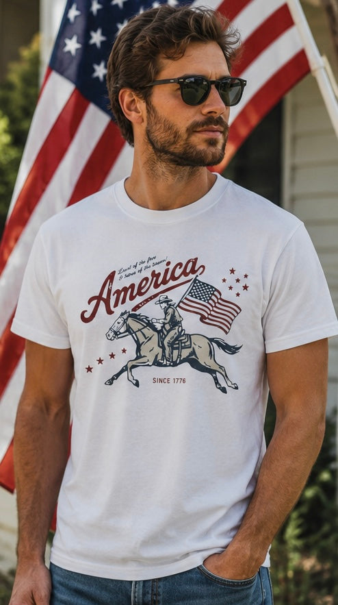America Cavalry Rider with Flag T-shirt | Patriotic Vintage Horse Illustration
