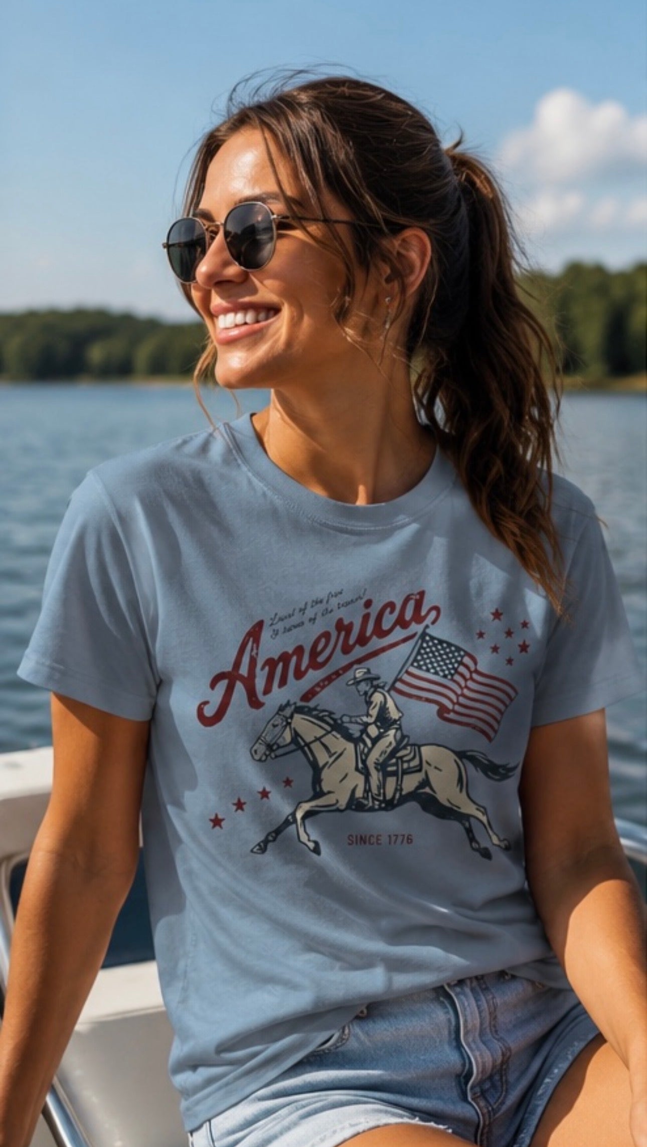America Cavalry Rider with Flag T-shirt | Patriotic Vintage Horse Illustration
