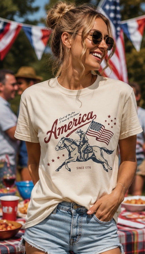 America Cavalry Rider with Flag T-shirt | Patriotic Vintage Horse Illustration