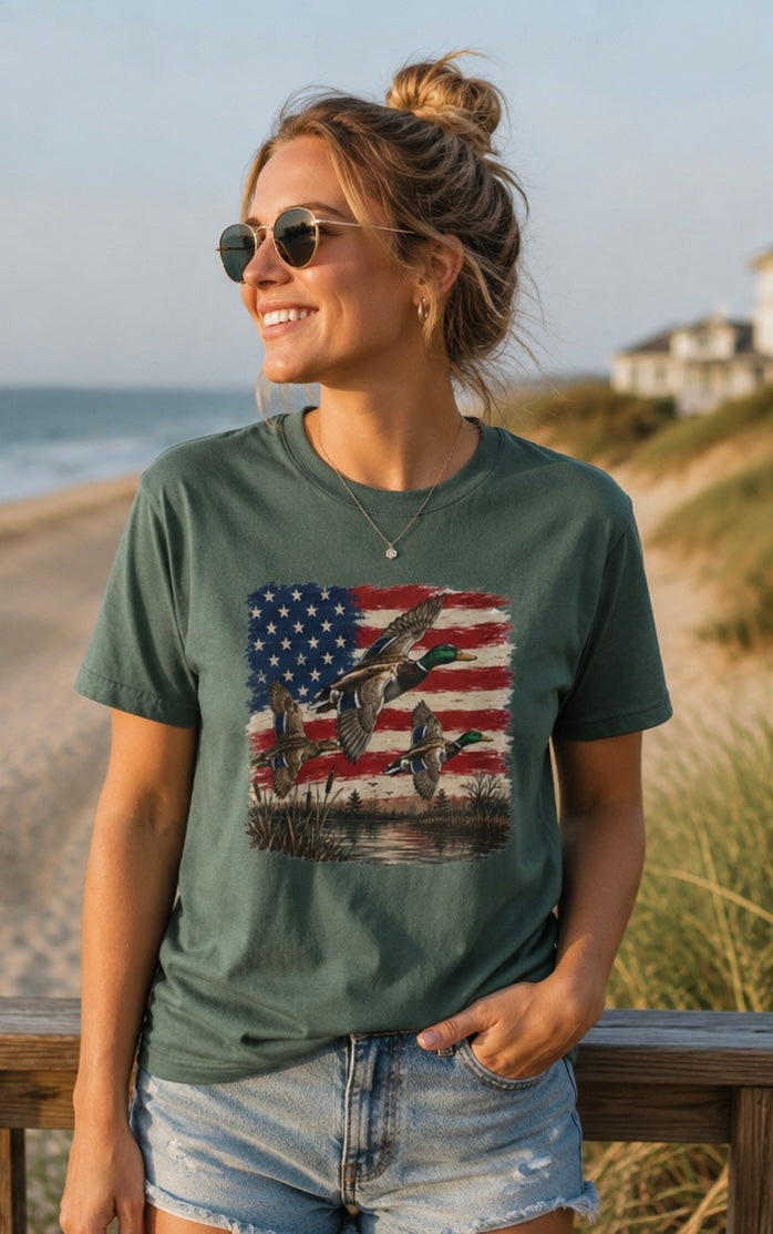 American Duck Hunting T-Shirt — Patriotic Mallard Flag Tee