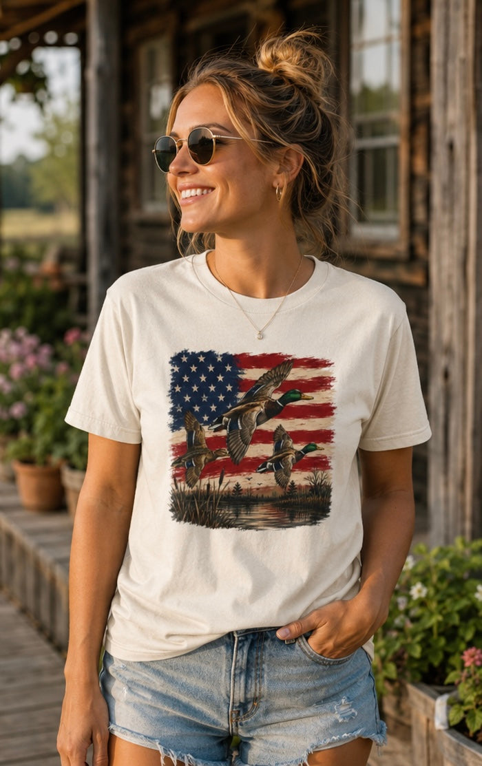American Duck Hunting T-Shirt — Patriotic Mallard Flag Tee