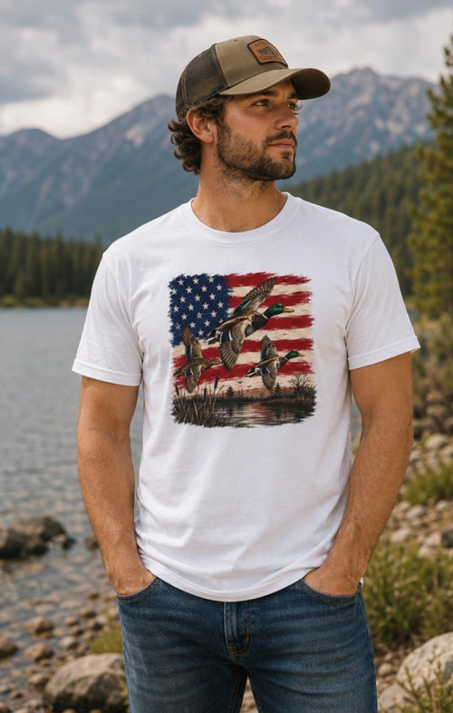 American Duck Hunting T-Shirt — Patriotic Mallard Flag Tee