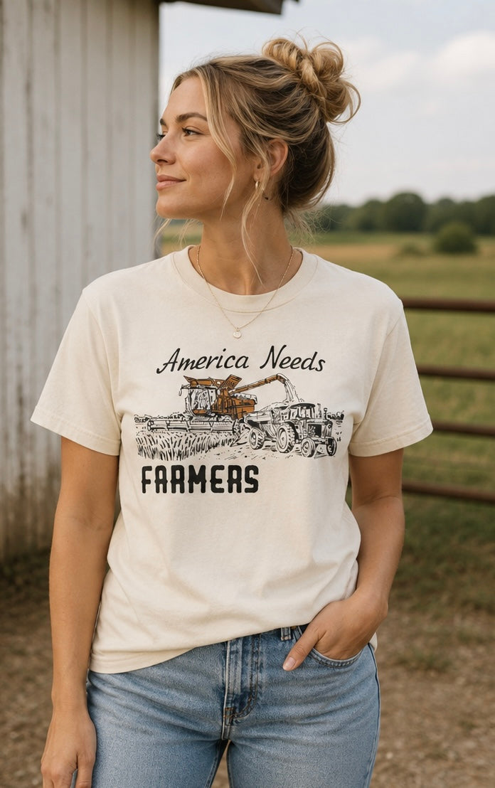 America Needs Farmers T-Shirt | Vintage Tractor Farming Graphic