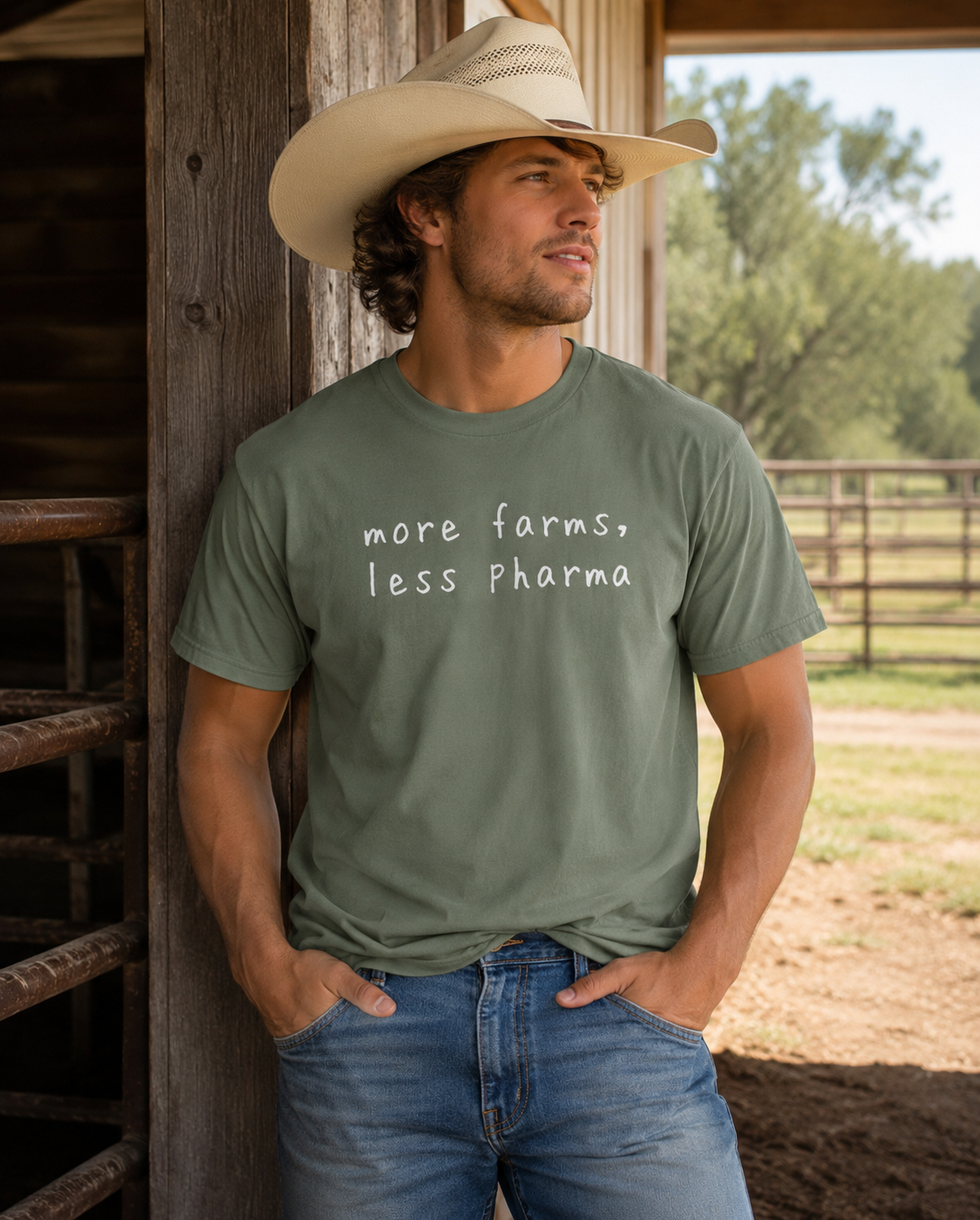 More Farms Less Pharma T-shirt | Organic Farming Advocacy Tee