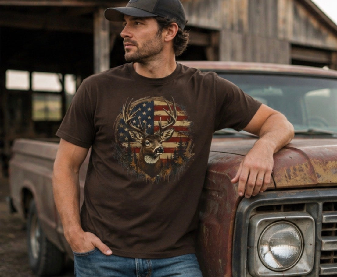 American Flag Deer T-Shirt — Patriotic Hunting Wildlife Tee
