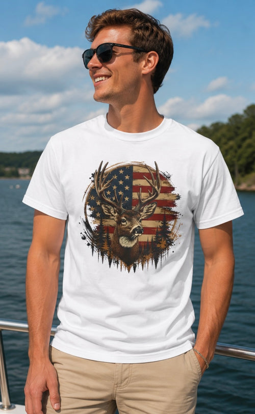 American Flag Deer T-Shirt — Patriotic Hunting Wildlife Tee