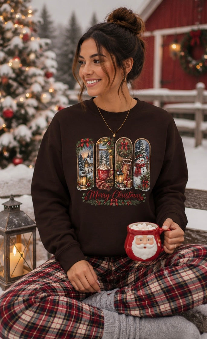 Christmas Window Scene Crewneck Sweatshirt — Merry Christmas Holiday Sweater
