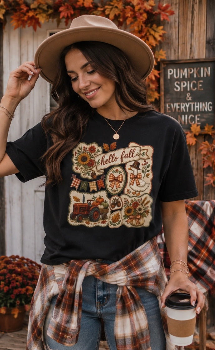 Hello Fall Tee — Vintage Autumn Harvest T‑Shirt with Pumpkins & Sunflowers
